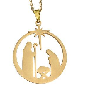 Nativity Scene Mary Joseph Jesus Necklace Gold Stainless Steel Catholic Medal
